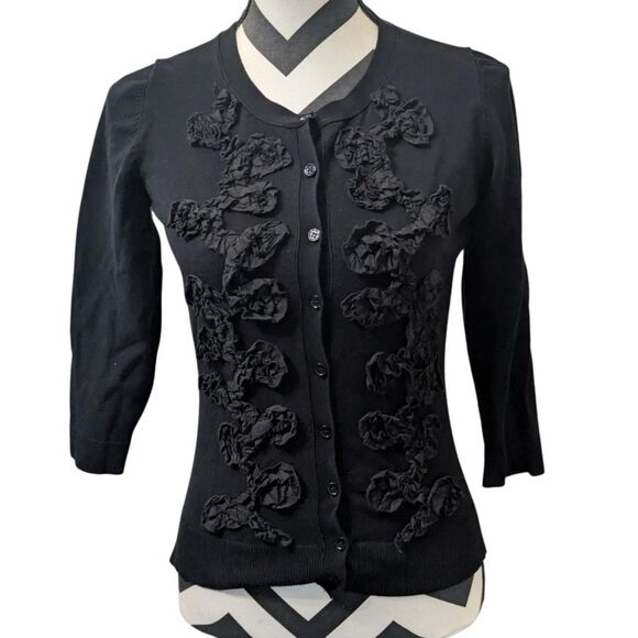 Evie. S Black Silk Blend Cardigan with 3D Rosette Ruffle Embellishments - Picture 1 of 5
